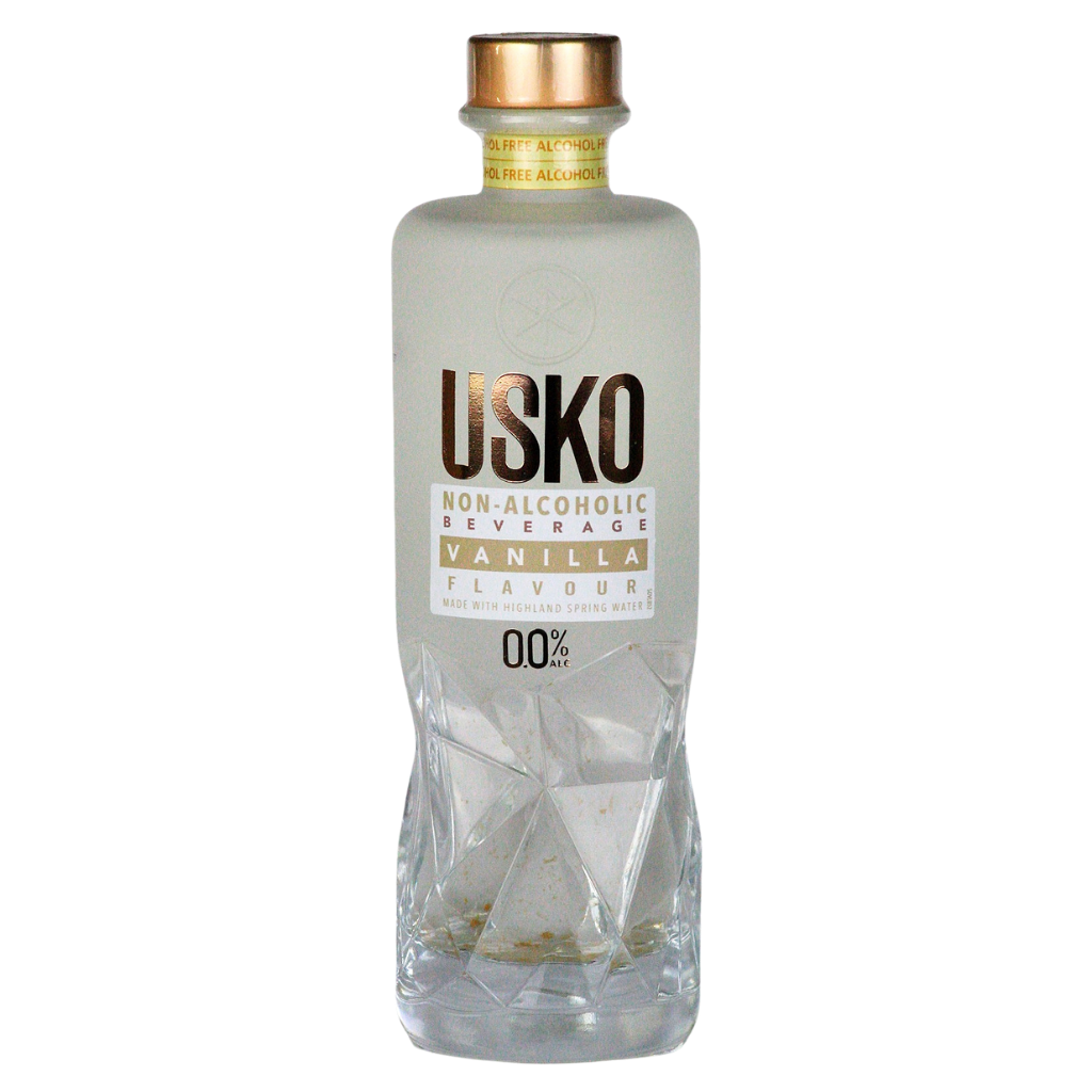 Bottle of USKO non-alcoholic vanilla beverage on a white background