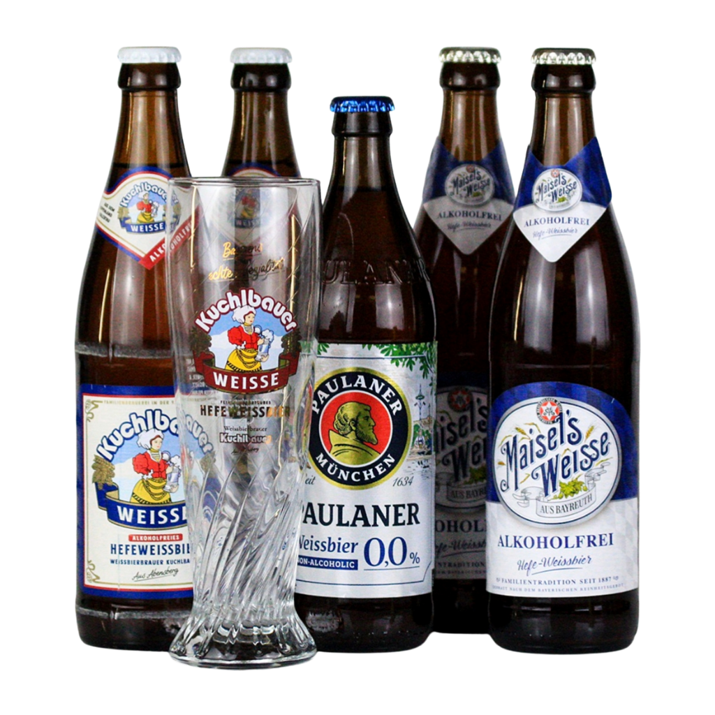 A group of beer bottles and a clear twisted beer glass on a white background. Visible brands include Kuchlbauer, Maulaner, and Naisels Weisse.