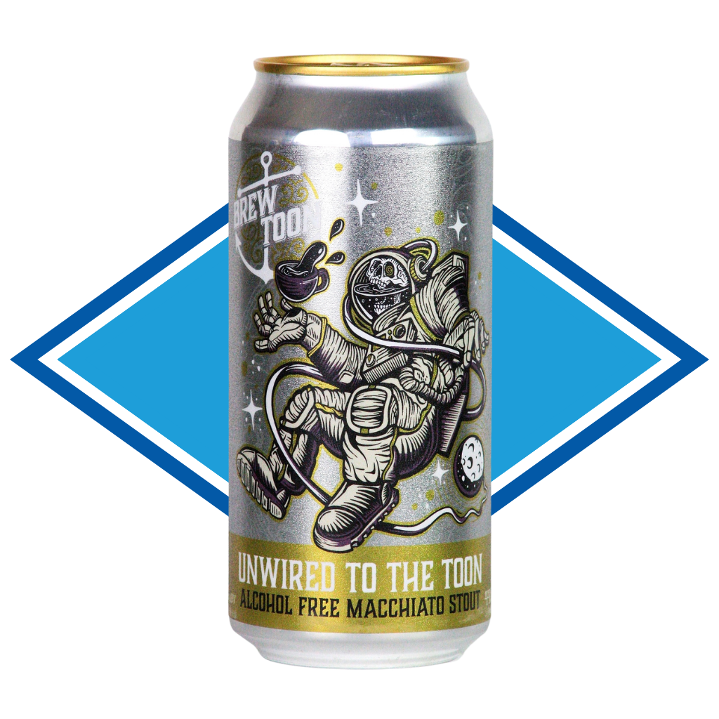 Can of Brew Toon Unwired to the Toon in front of the Alcohol Free Drinks Company blue diamond. 