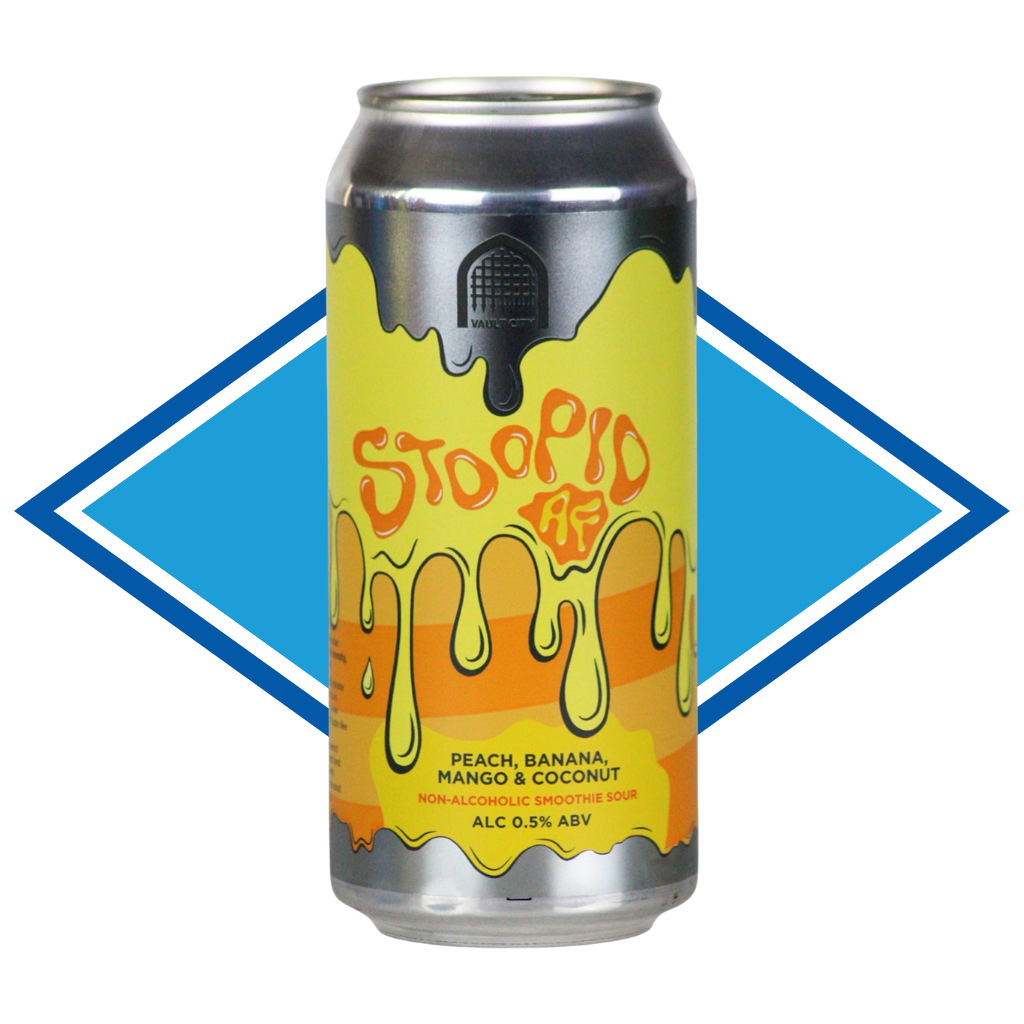 A 16 oz aluminum can of Stoopid 'Drip' non-alcoholic smoothie sour on a white background with a blue and white diamond graphic behind it. The can features a bright yellow and orange dripping design with the brand name 'Stoopid' in orange.