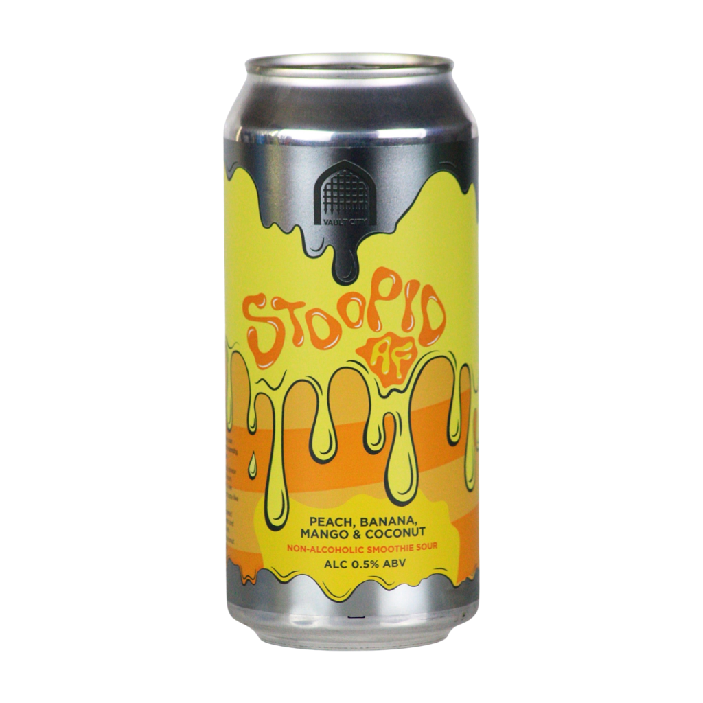 A 16 oz aluminum can of Stoopid 'Honey' non-alcoholic smoothie sour, featuring a bright yellow and orange label with a dripping design, on a solid white background.