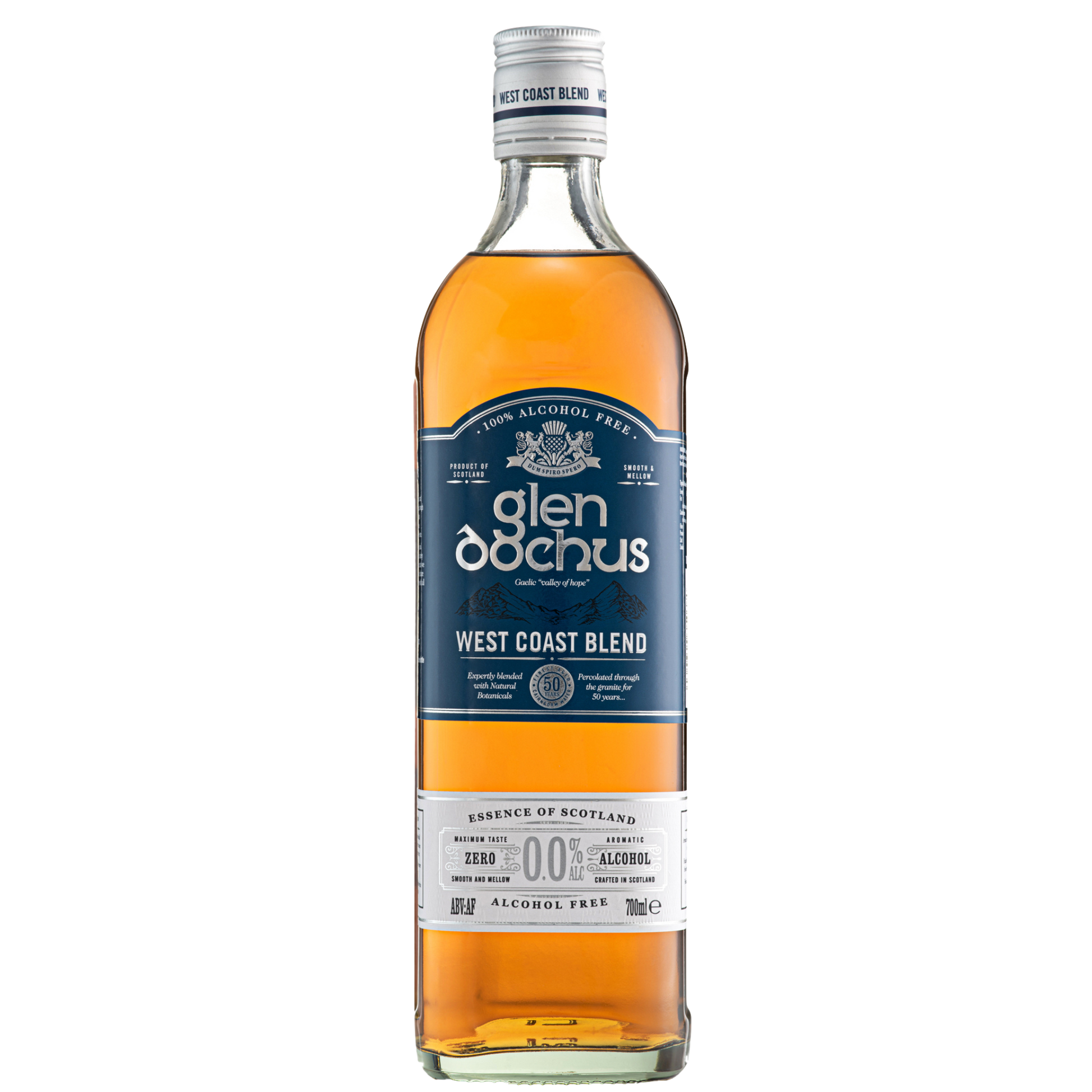 Bottle of Glen Dochus West Coast Blend Alcohol Free Whisky. Non Alcoholic Spirit.