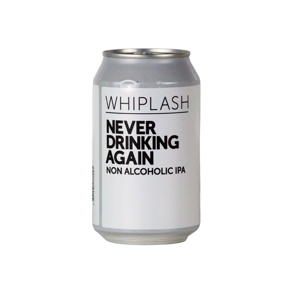 White Can of Whiplash Never Drinking Again non-alcoholic IPA on a white background