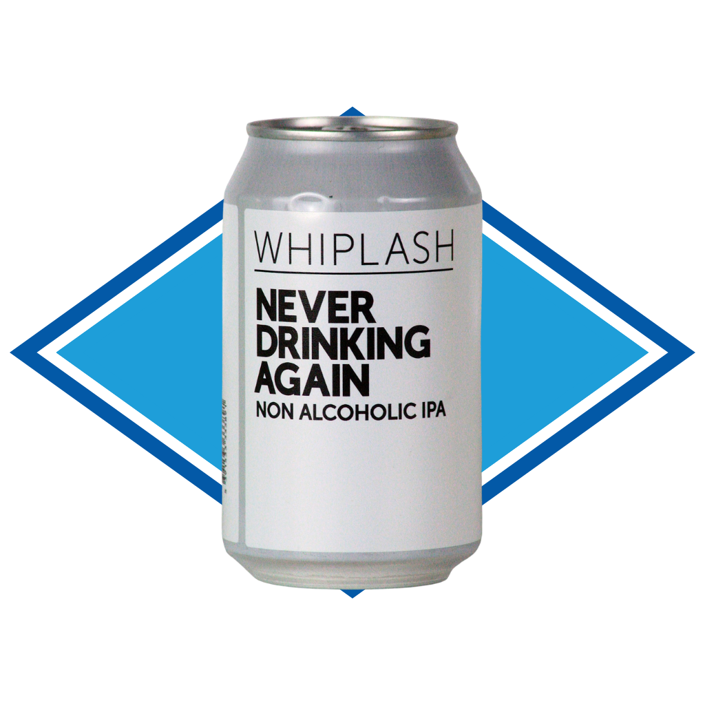 Can of Whiplash Never Drinking Again IPA in front of the Alcohol Free Drinks Company blue diamond. 