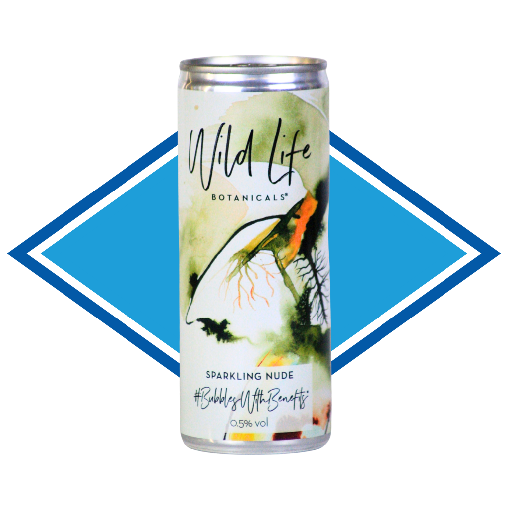 A single can of Wild Life Botanicals Sparkling Nude sparkling drink, featuring a white label with botanical illustrations, set against a blue diamond-shaped graphic on a white background.