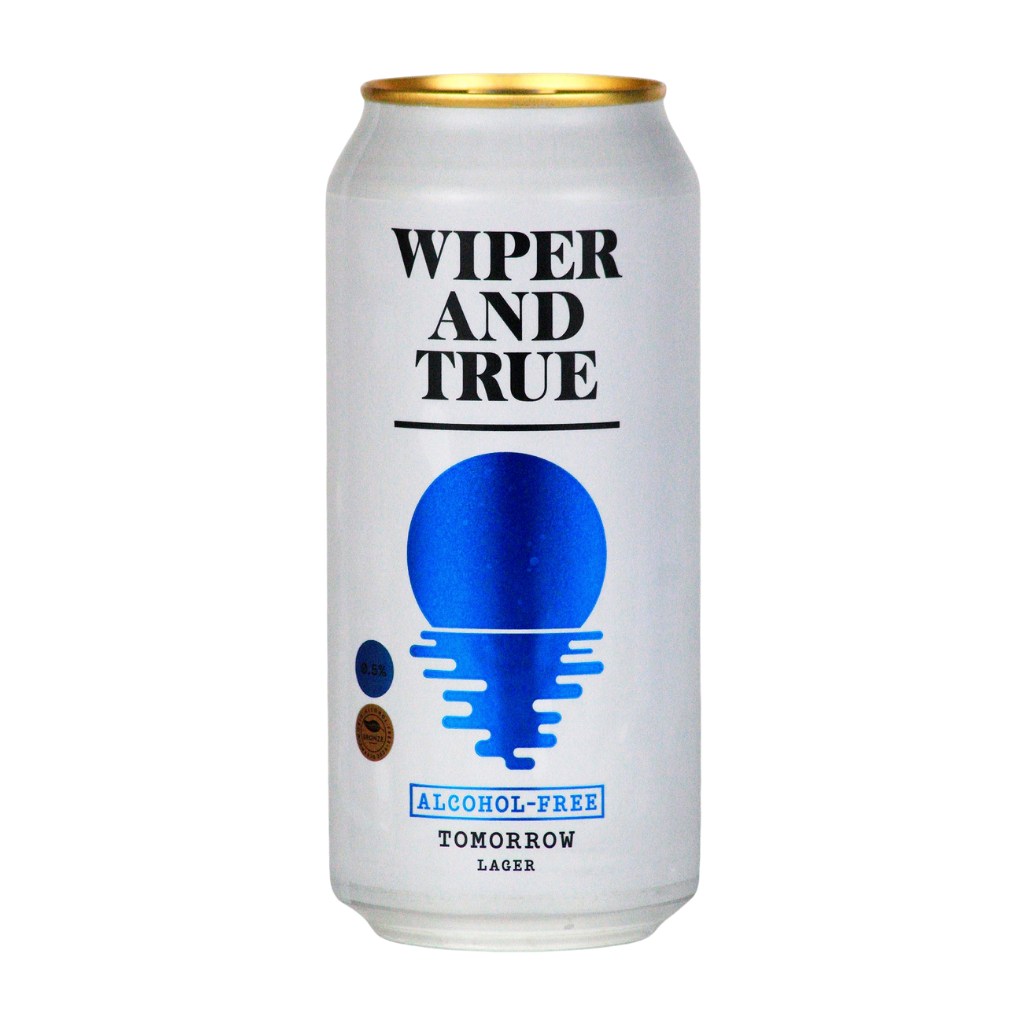 Alcohol-free beer can with 'Wiper and True' branding on a white background