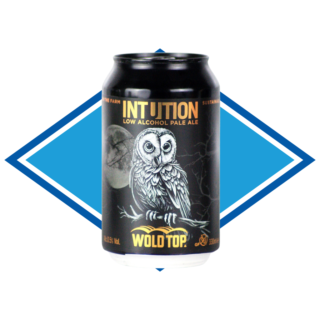 Can of Intuition Wold Top Pale Ale in front of the Alcohol Free Drinks Company blue diamond. 