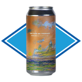 A single aluminum non Alcoholic beer can with a colorful illustrated label, centered on a blue and white diamond-shaped graphic background. The label text reads ''WE CAN BE FRIENDS' and 'FOREVER HELLES Lager 05% ABV'