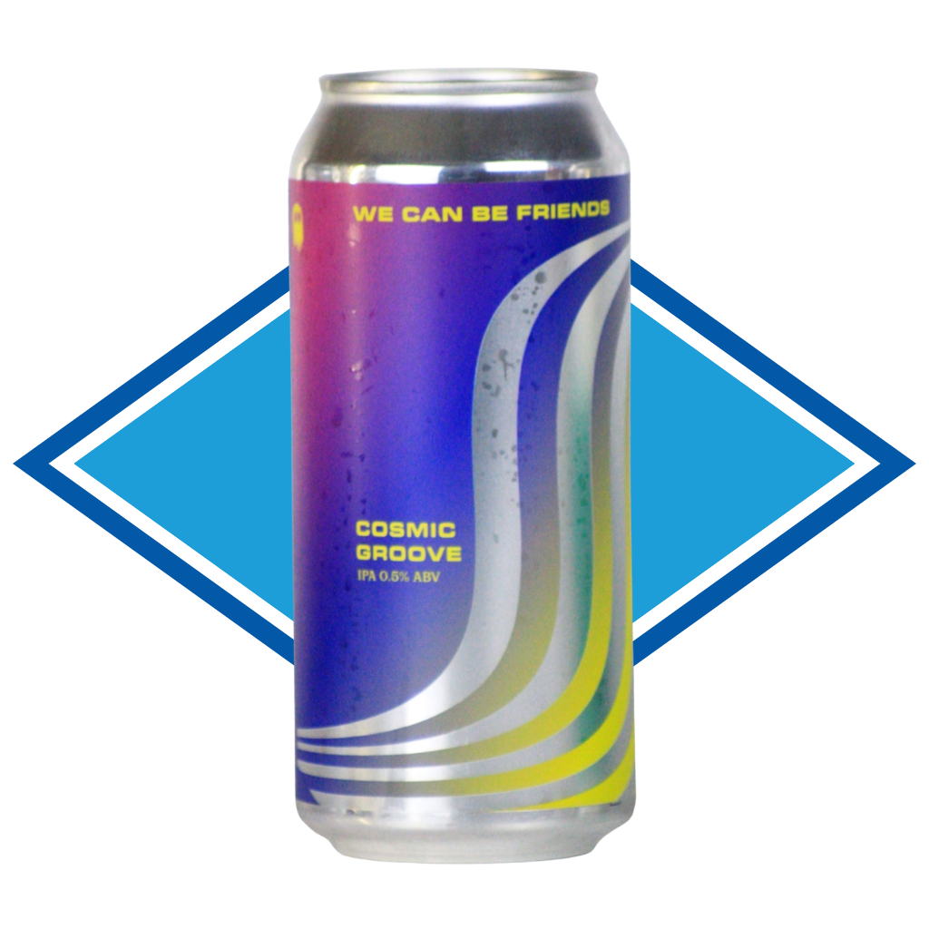 A single beverage can with a purple-to-blue gradient label and curved white, yellow, and blue graphic accents, centered on a blue and white geometric background. Visible text includes 'WE CAN BE FRIENDS' and 'COSMIC GROOVE'.