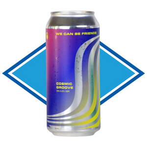 A single beverage can with a purple-to-blue gradient label and curved white, yellow, and blue graphic accents, centered on a blue and white geometric background. Visible text includes 'WE CAN BE FRIENDS' and 'COSMIC GROOVE'.