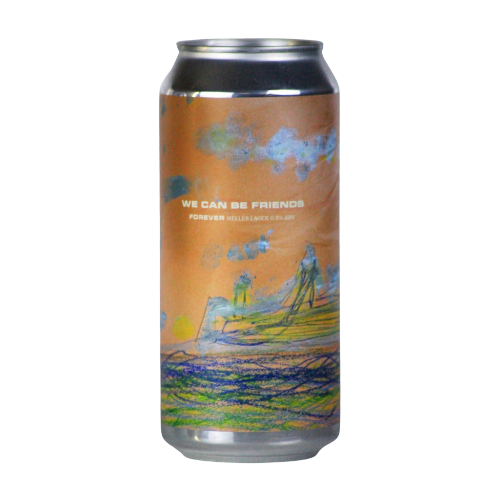 A single aluminum Alcohol Free Beer can with a warm orange-brown label featuring an abstract painted scene in blue, yellow, and green, with the text 'WE CAN BE FRIENDS' and 'FOREVER HELLES Lager 05% ABV' on a plain white background.