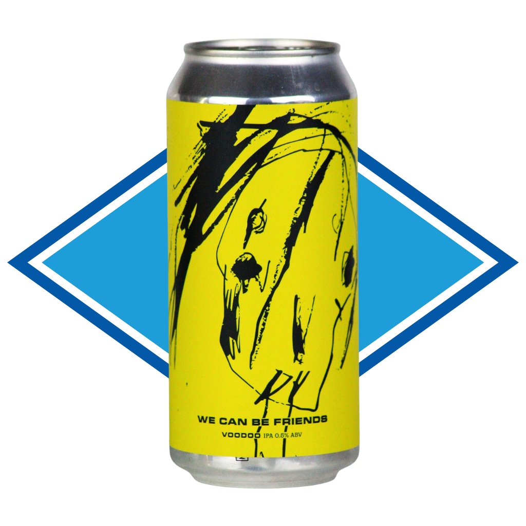 Can with yellow label featuring black artwork and text on a white background