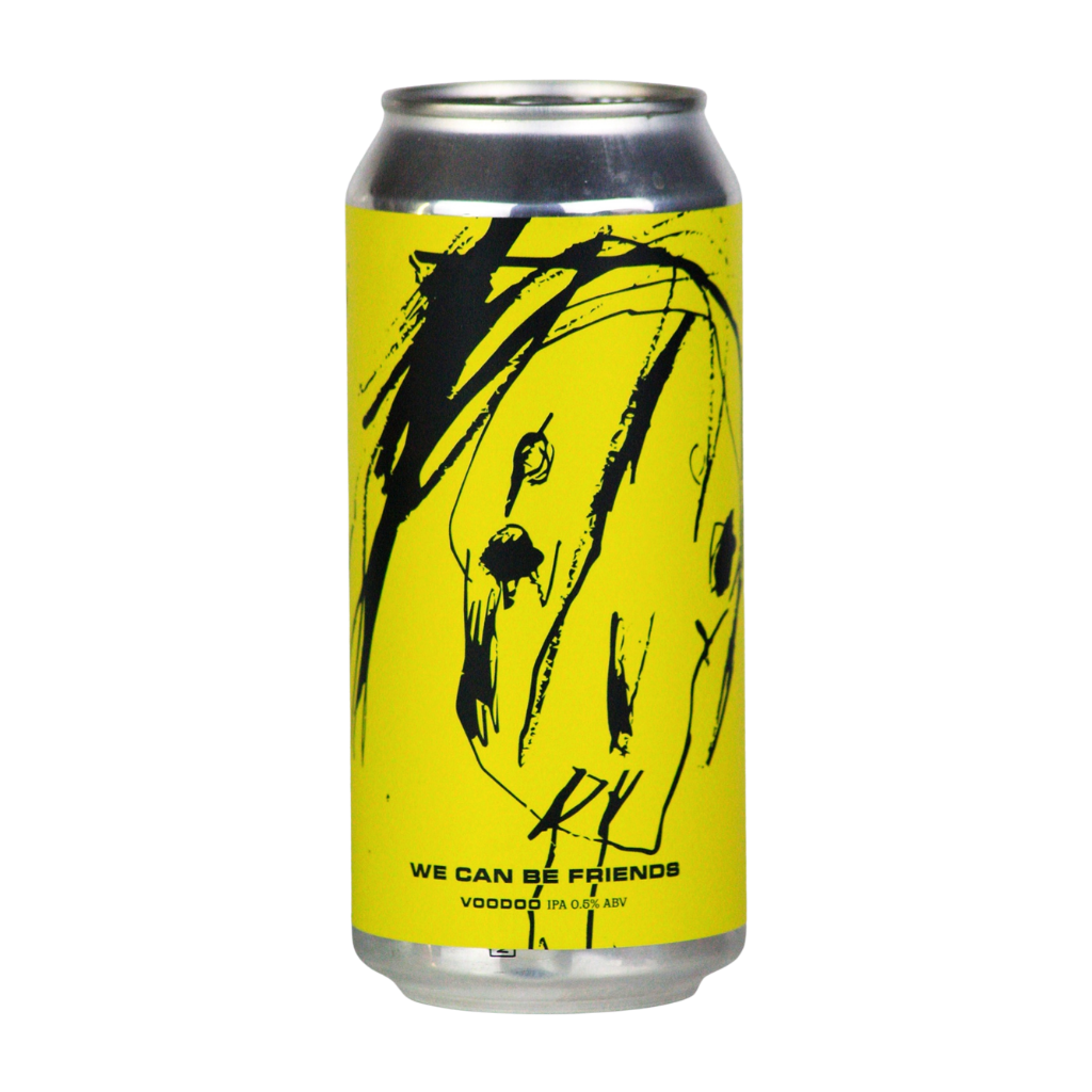 Can with yellow label featuring black graphic design on a white background