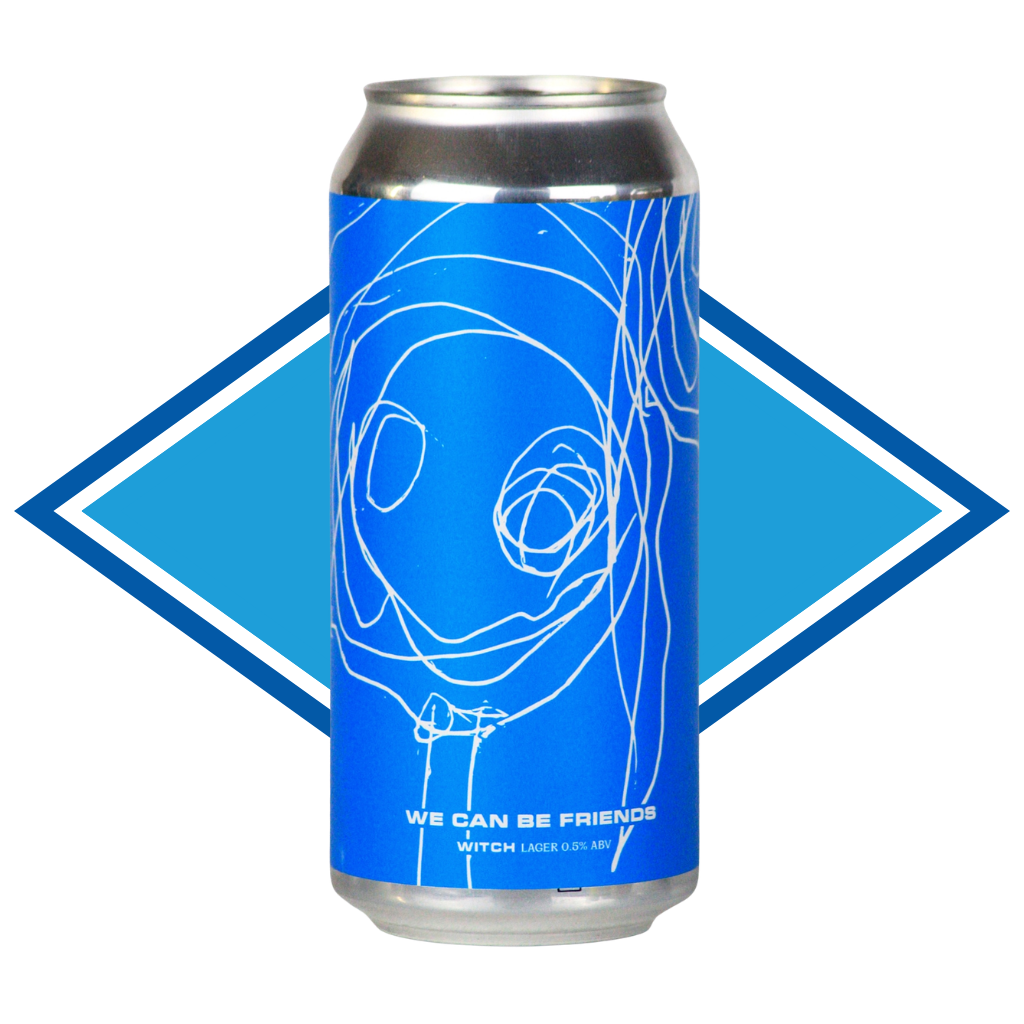Blue can with white design and text on a white background