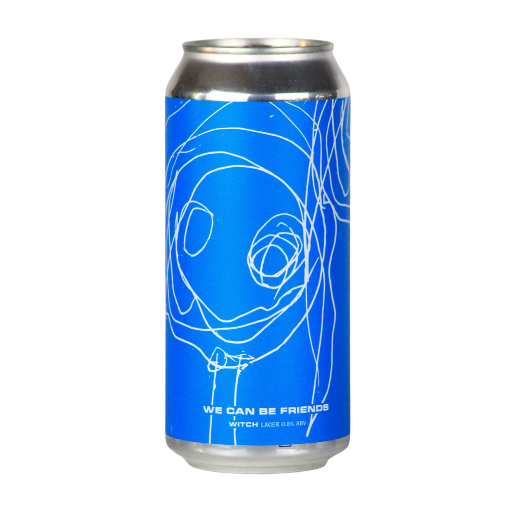 Blue can with white design of a mad Witch and text on a white background