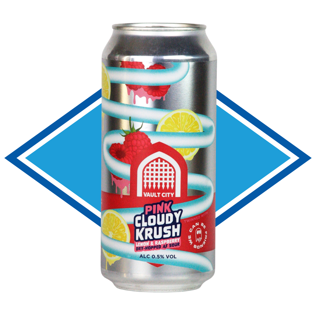 Can of Pink Cloudy Krush in front of the Alcohol Free Drinks Company blue diamond.