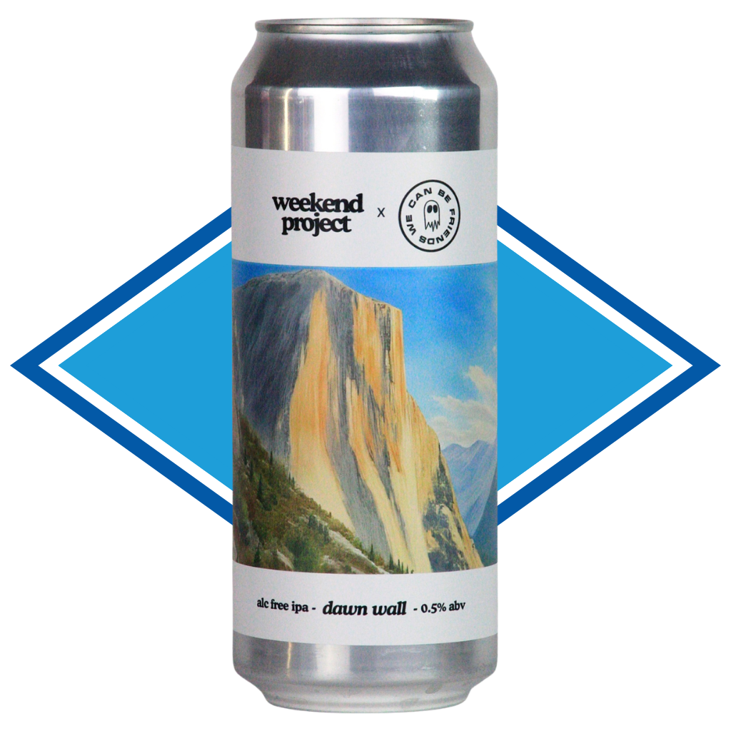 Can of Weekend Project and We Can Be friends Dawn Wall in front of the Alcohol Free Drinks Company blue diamond.