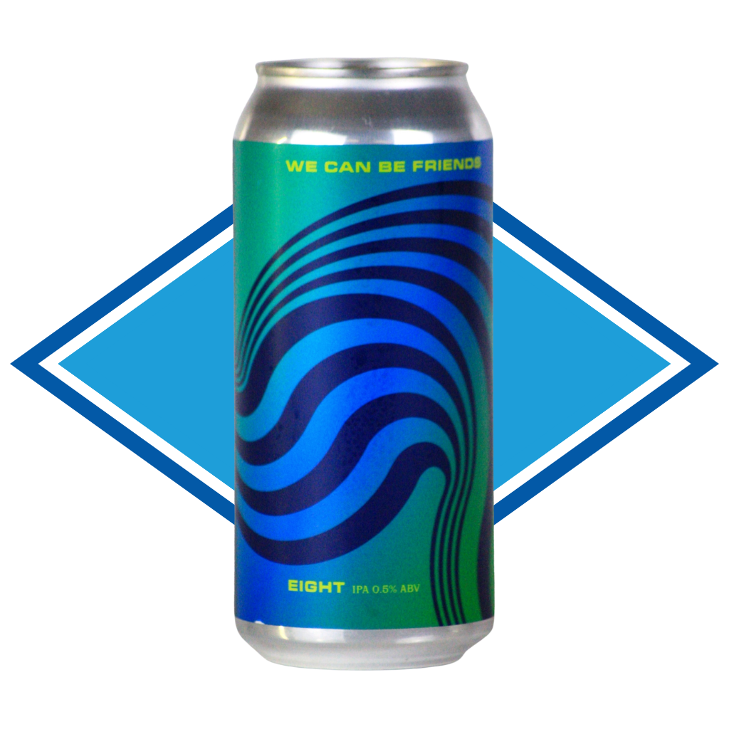 A silver Alcohol Free Beer can with a green-to-blue gradient label featuring blue wavy lines and the text 'WE CAN BE FRIENDS' and 'EIGHT', centered against a blue diamond-shaped graphic on a white background. It has IPA 0.5% ABV at the bottom of the can