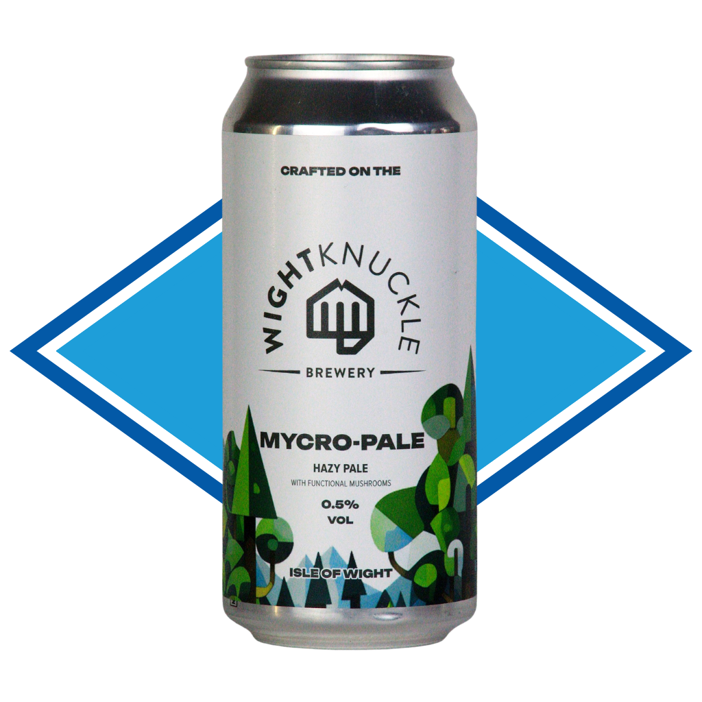 Can of Wight Knuckle Mycro-Pale in front of the Alcohol Free Drinks Company blue diamond. 