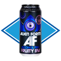 Can of Williams Bros Alien Form AF Alcohol Free Fruity IPA with a blue diamond shape in the background