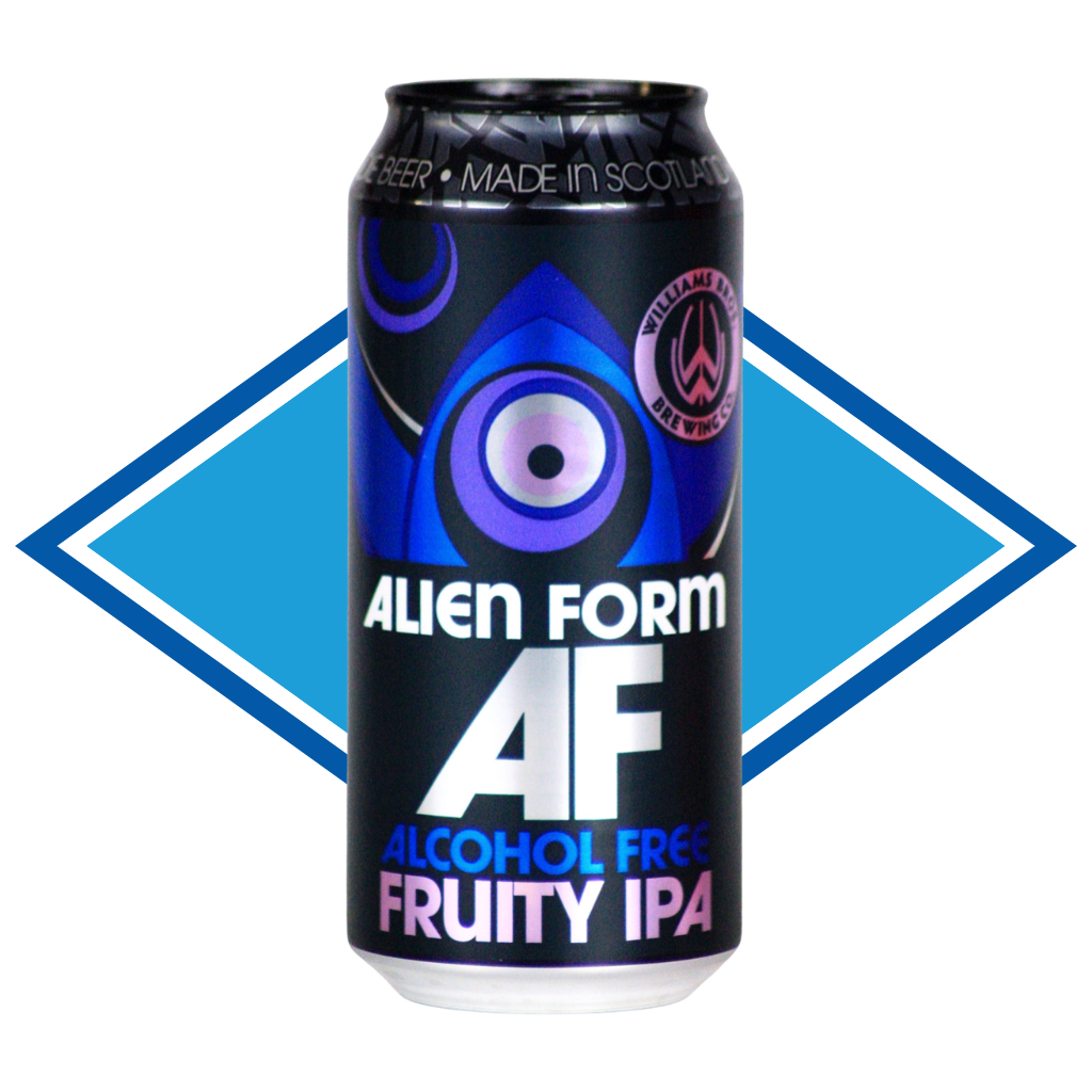 Can of Williams Bros Alien Form AF Alcohol Free Fruity IPA with a blue diamond shape in the background