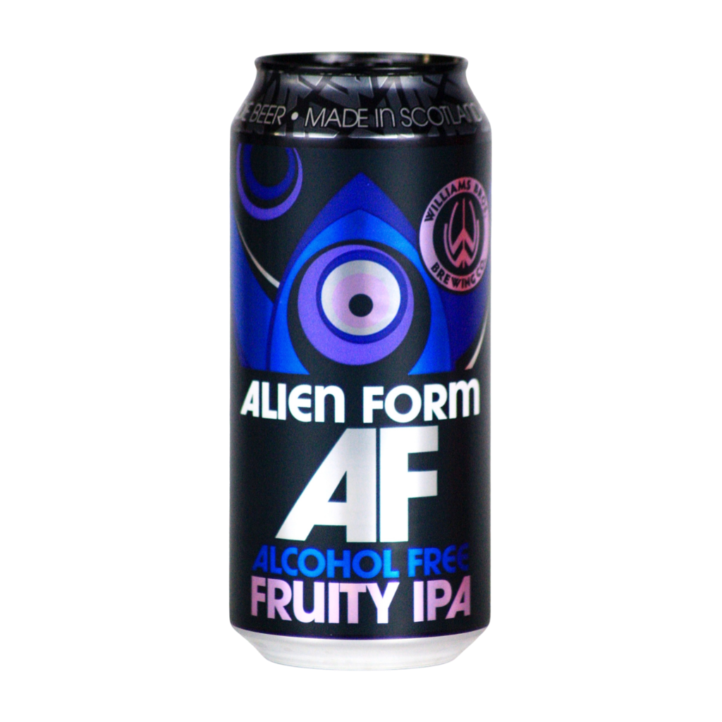 Can of Alien Form AF Alcohol Free Fruity IPA on a white background