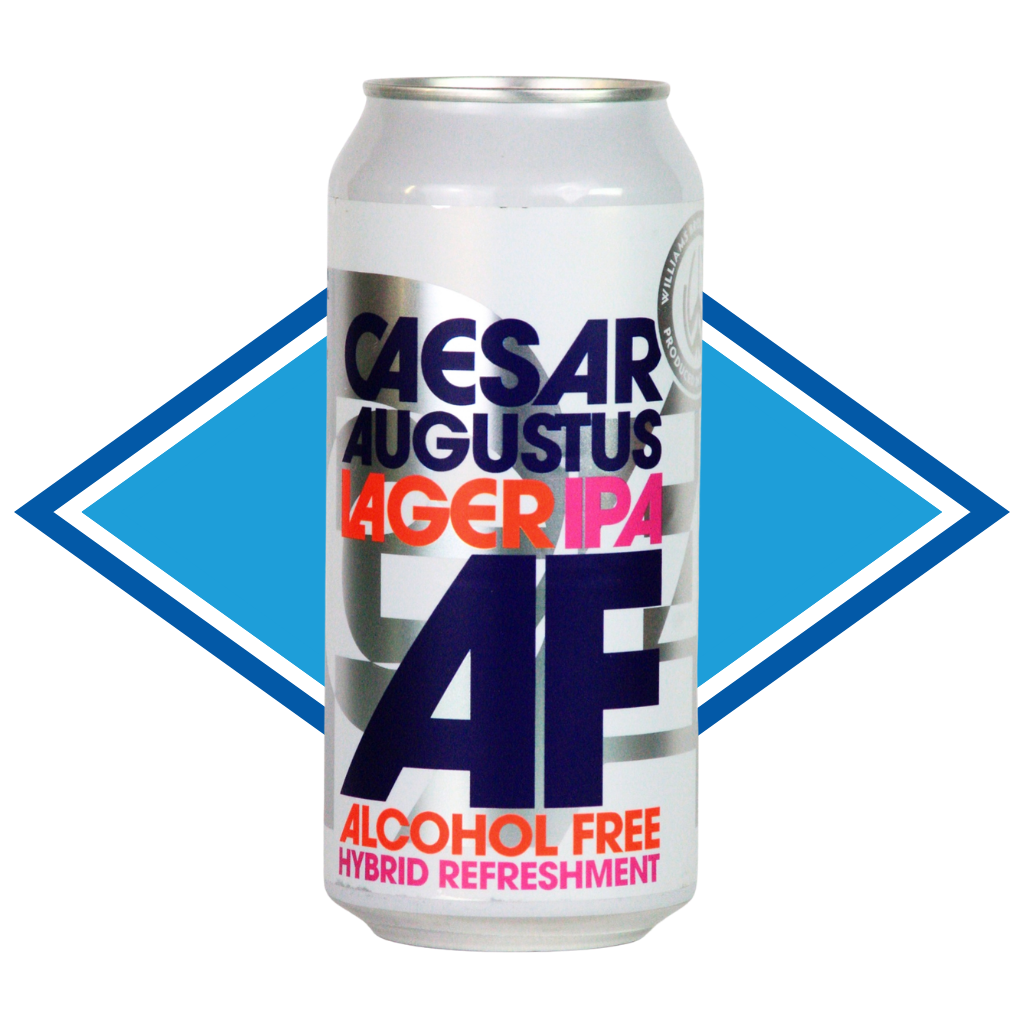 Can of Caesar Augustus Lager in front of The Alcohol Free Drinks blue diamond.