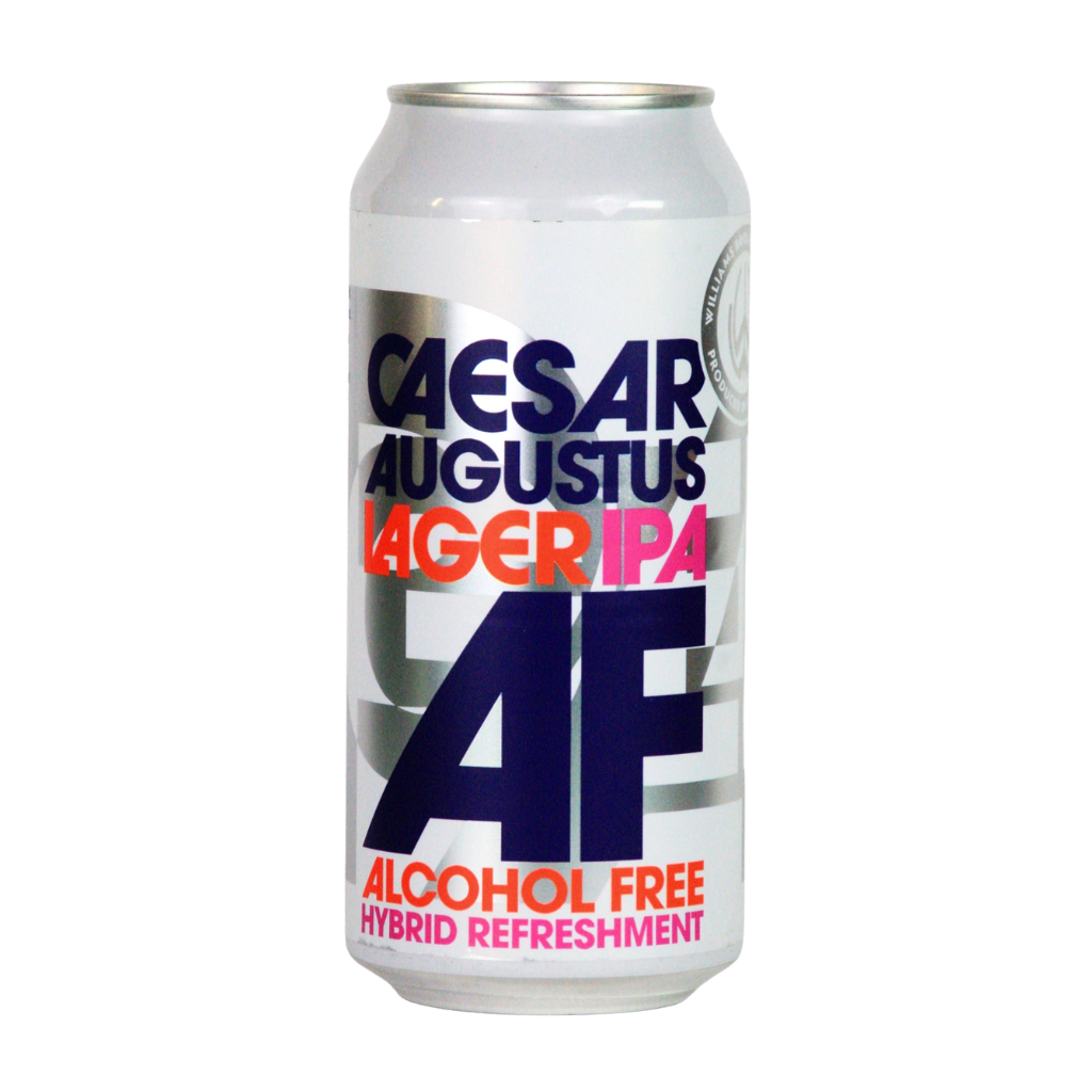 Alcohol-free beer can labeled 'Caesar Augustus Lager IPA AF' on a white background