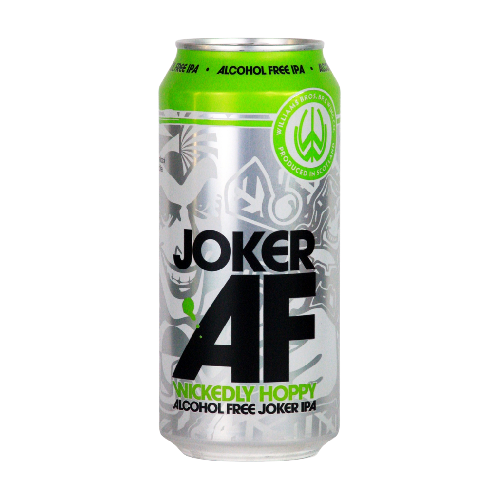 Alcohol-free beer can from Williams Bros of Scotland with 'Joker AF' branding on a white background