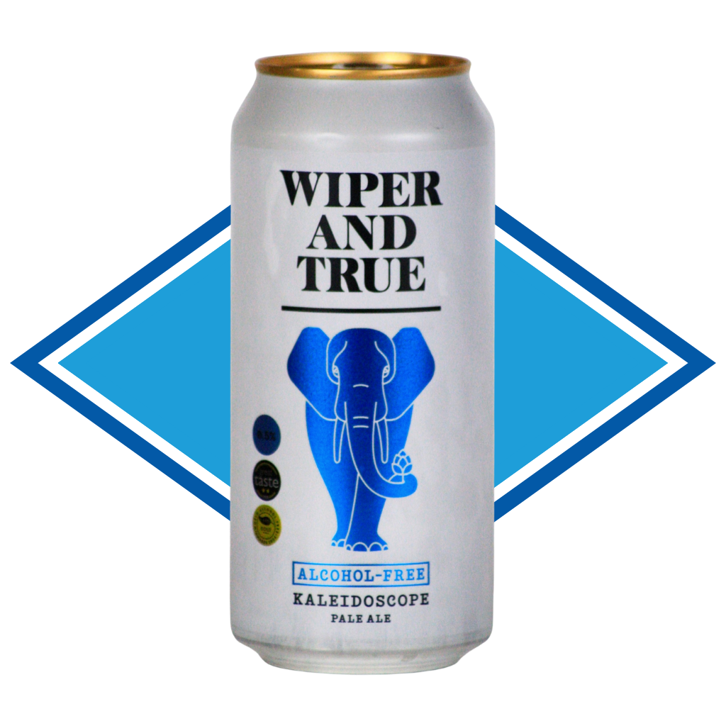 Alcohol-free beer can with 'Wiper and True' branding on a white background