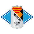 Can of Yardarm Lager in front of The Alcohol Free Drinks blue diamond.