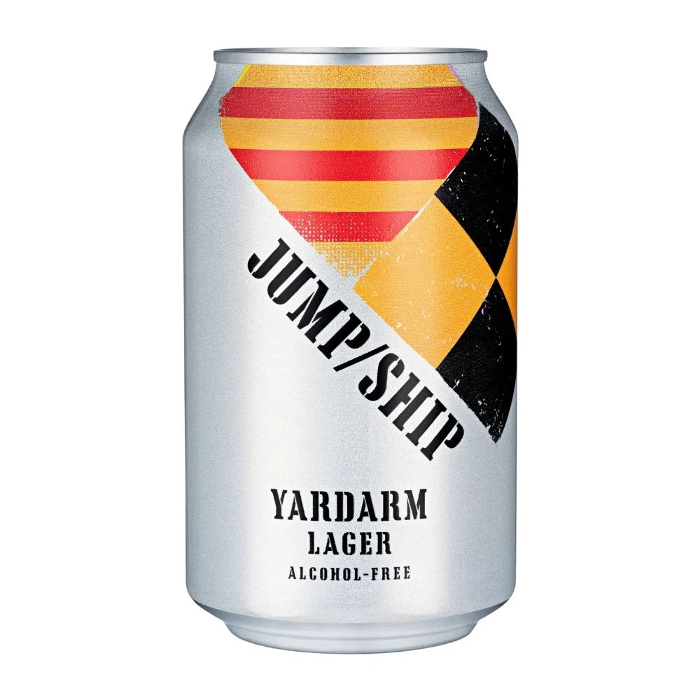 Alcohol-free lager can with colorful design on a white background