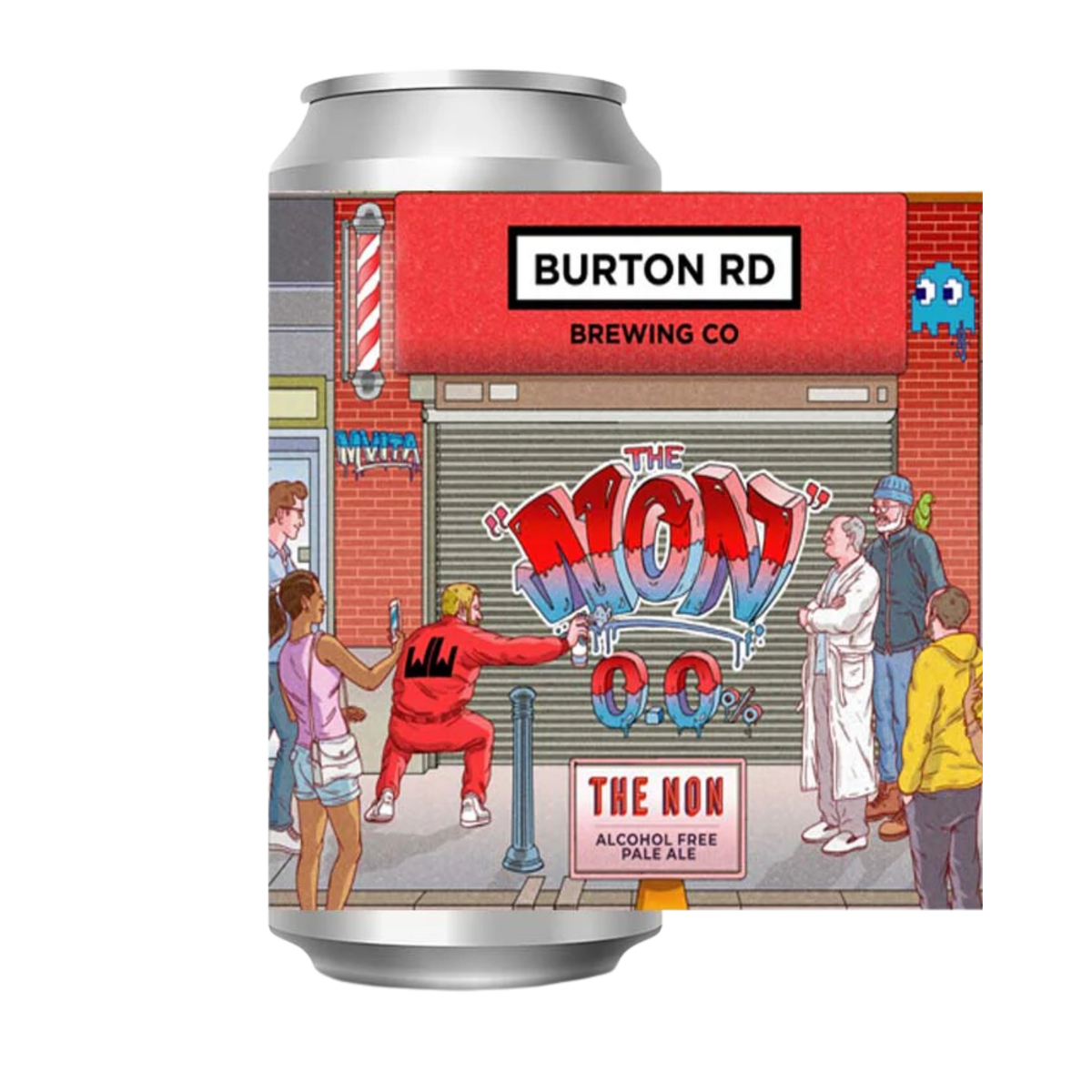 Silver can with 'Burton Rd Brewing Co' branding and colorful graphic design on a white background