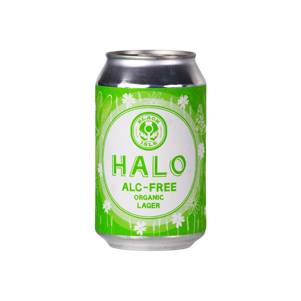 Green can of Halo alc-free organic lager on a white background