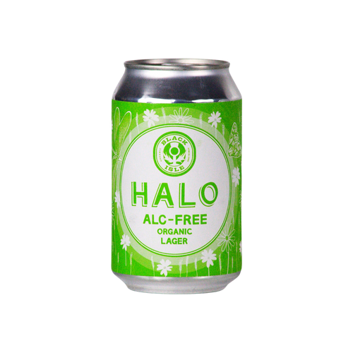 Green can of Halo alc-free organic lager on a white background