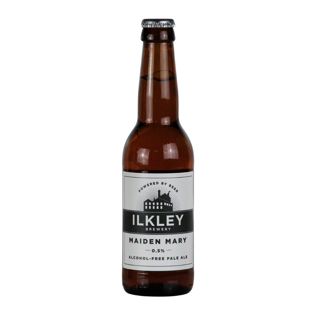 Brown bottle of Ilkley Brewery Maiden Mary Non-Alcoholic pale ale on a white background