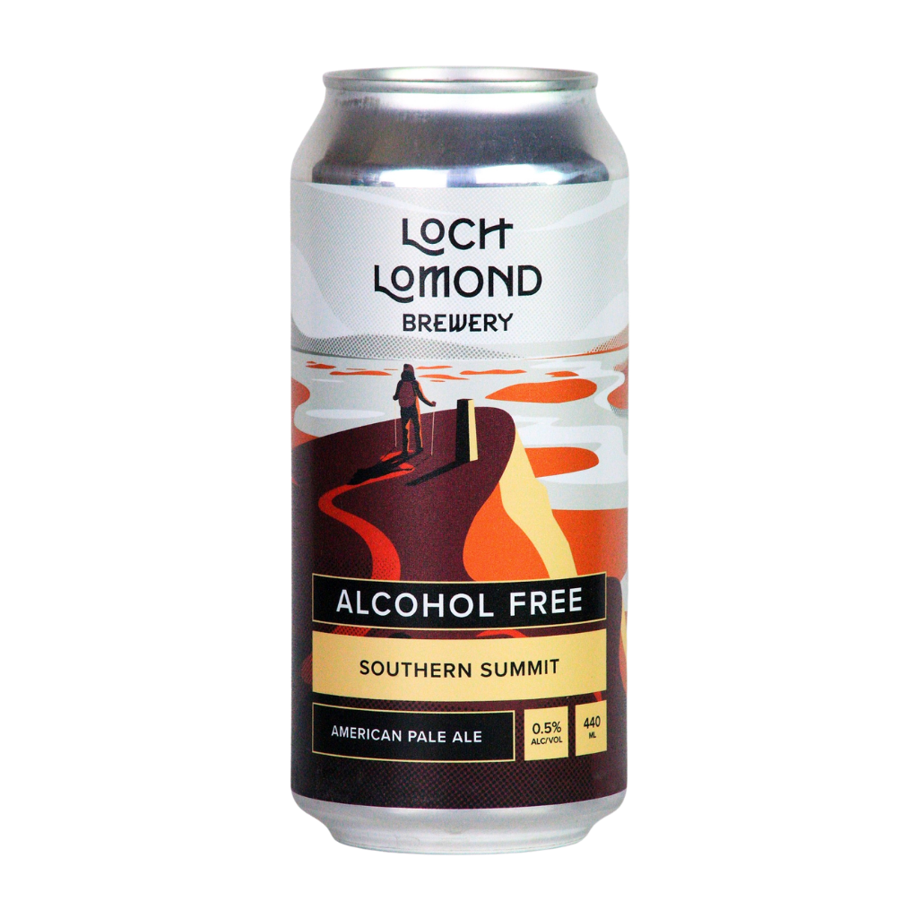 Alcohol-free beer can from Loch Lomond Brewery on a white background Booze free beer