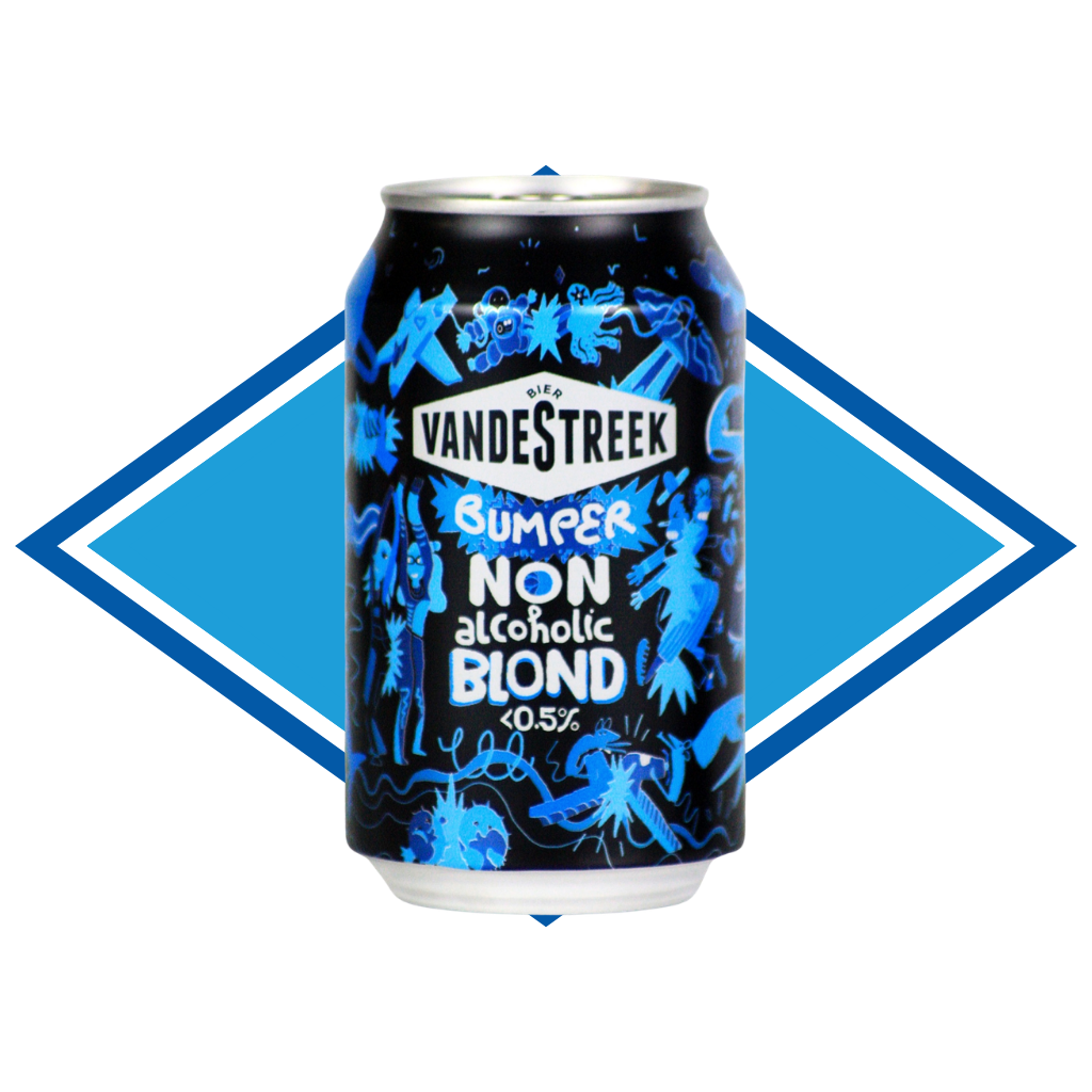 Vandestreek non-alcoholic blond beer can on a blue diamond background