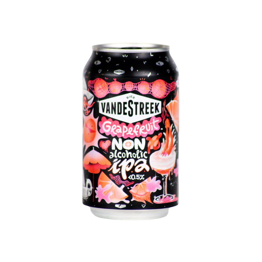 Vandestreek Grapefruit Non-alcoholic IPA pink can on a white background. Low calorie Zesty Grapefruit IPA from Holland