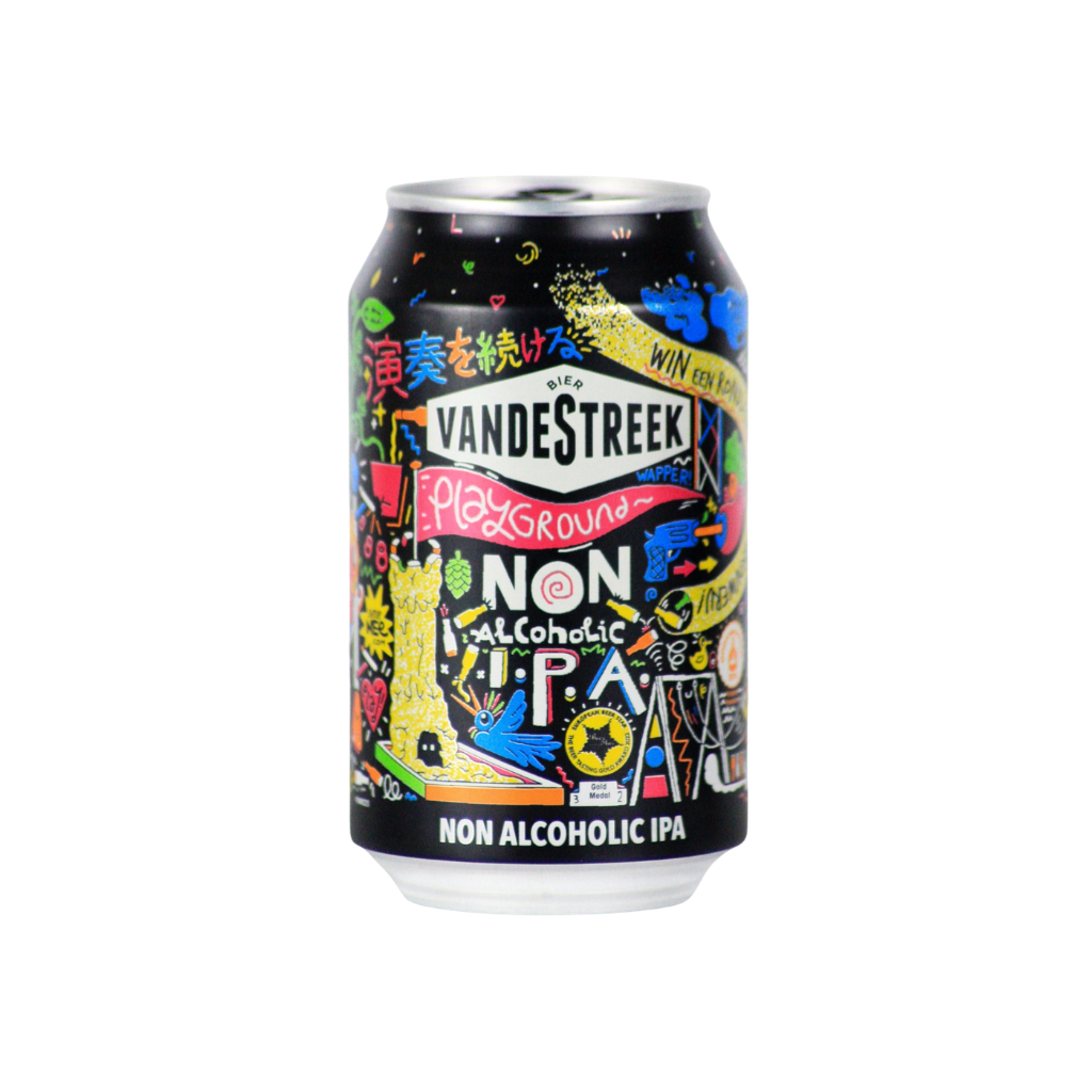 Vandestreek non-alcoholic IPA can with colorful design on a white background