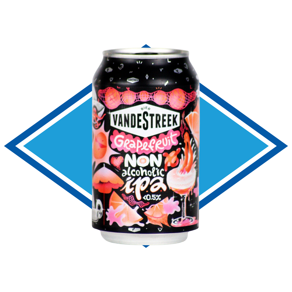 vandeStreek Grapefruit Non-alcoholic IPA pinkcan on a white background with a blue diamond shape.