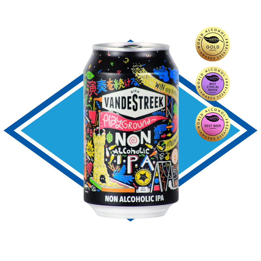Colorful can of VanDestreek Non Alcoholic IPA with awards on a blue and white background